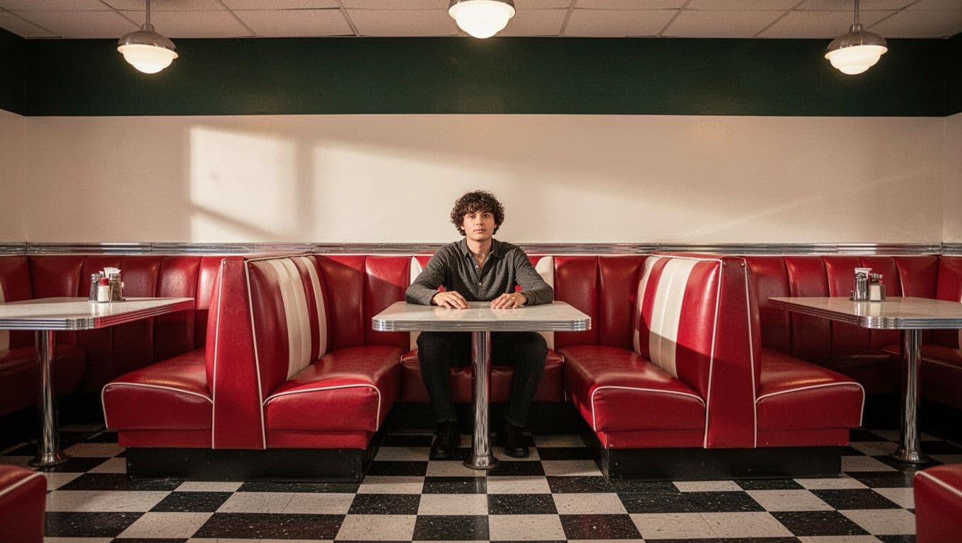 A patron sits alone in a red vinyl booth inside a nostalgic diner featuring a black and white checkered floor, shiny chrome details, and a dark green header reading Local Flavor.