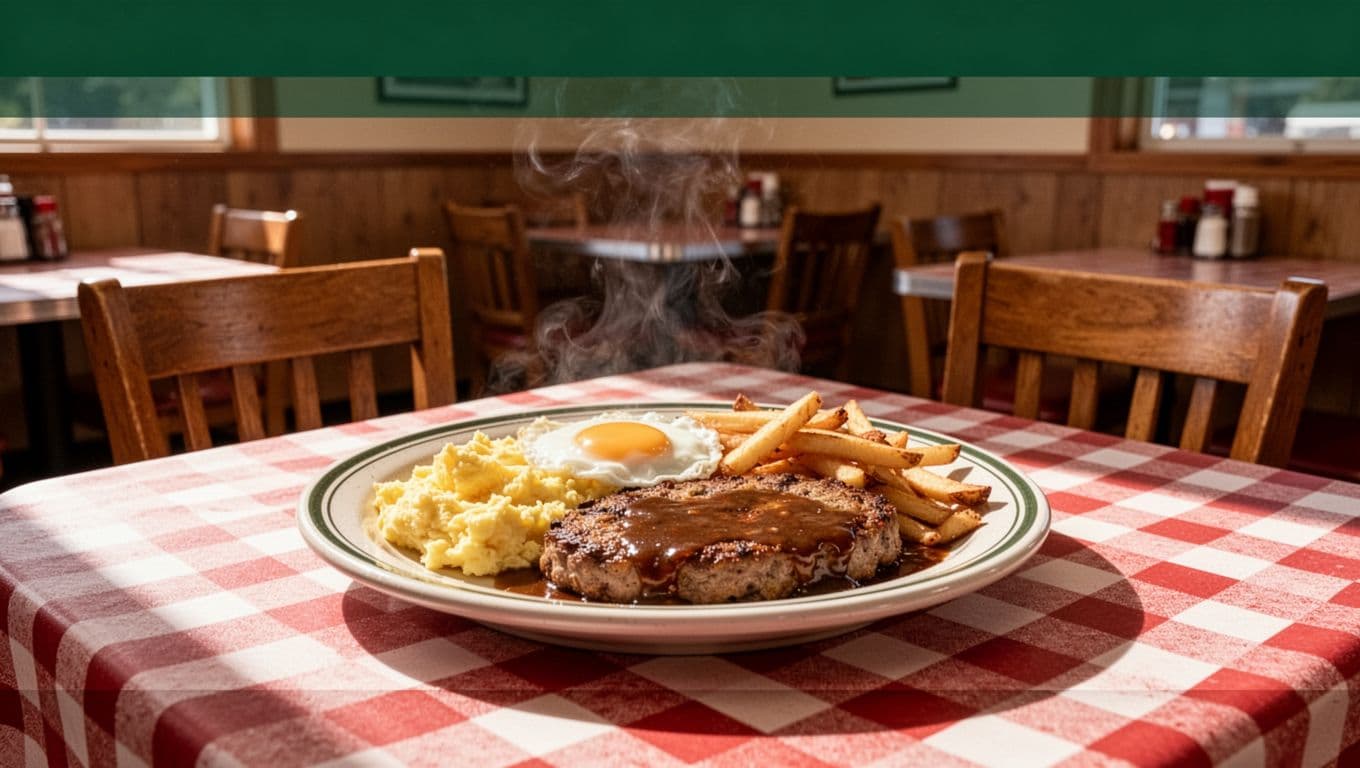 A steaming plate of food sits on a table draped in a red checkered cloth inside a quaint diner. Wooden chairs surround the tables under bright, inviting natural sunlight.
