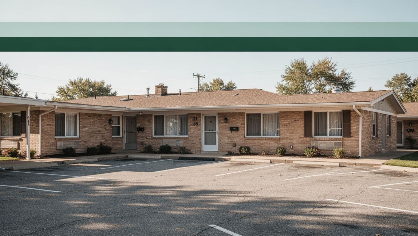 A vintage brick motel exterior with a green horizontal accent band under bright daylight.