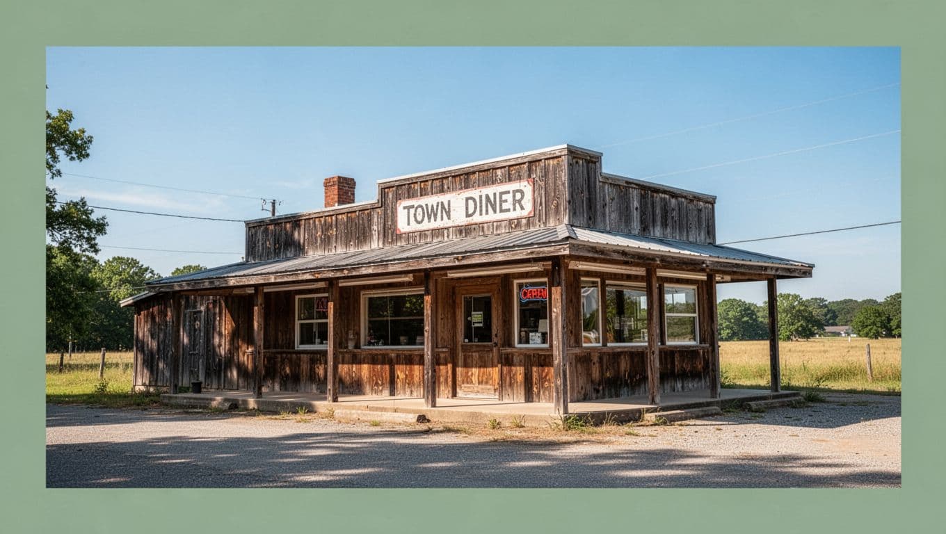 A rustic small-town diner with a sign that says Dining under a bright blue sky.
