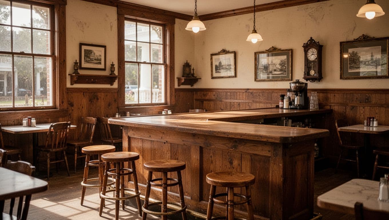 Empty stools line a wooden counter in a quiet Southern cafe.