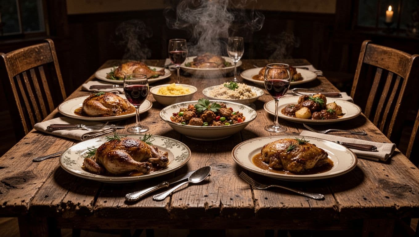 A rustic wooden table features plates of home-cooked Southern comfort food under soft, moody lighting. Crisp vegetables and savory dishes sit neatly arranged, capturing a warm and inviting local dining atmosphere.
