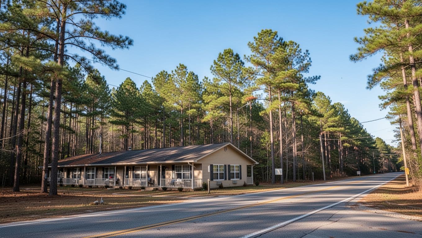 A vintage motel sign stands next to a pine forest under a clear blue sky in rural Alabama.