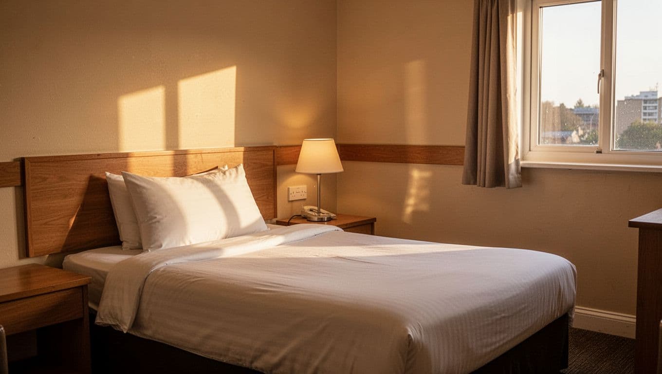 A clean hotel room with a made bed, bedside lamp, and warm window light.