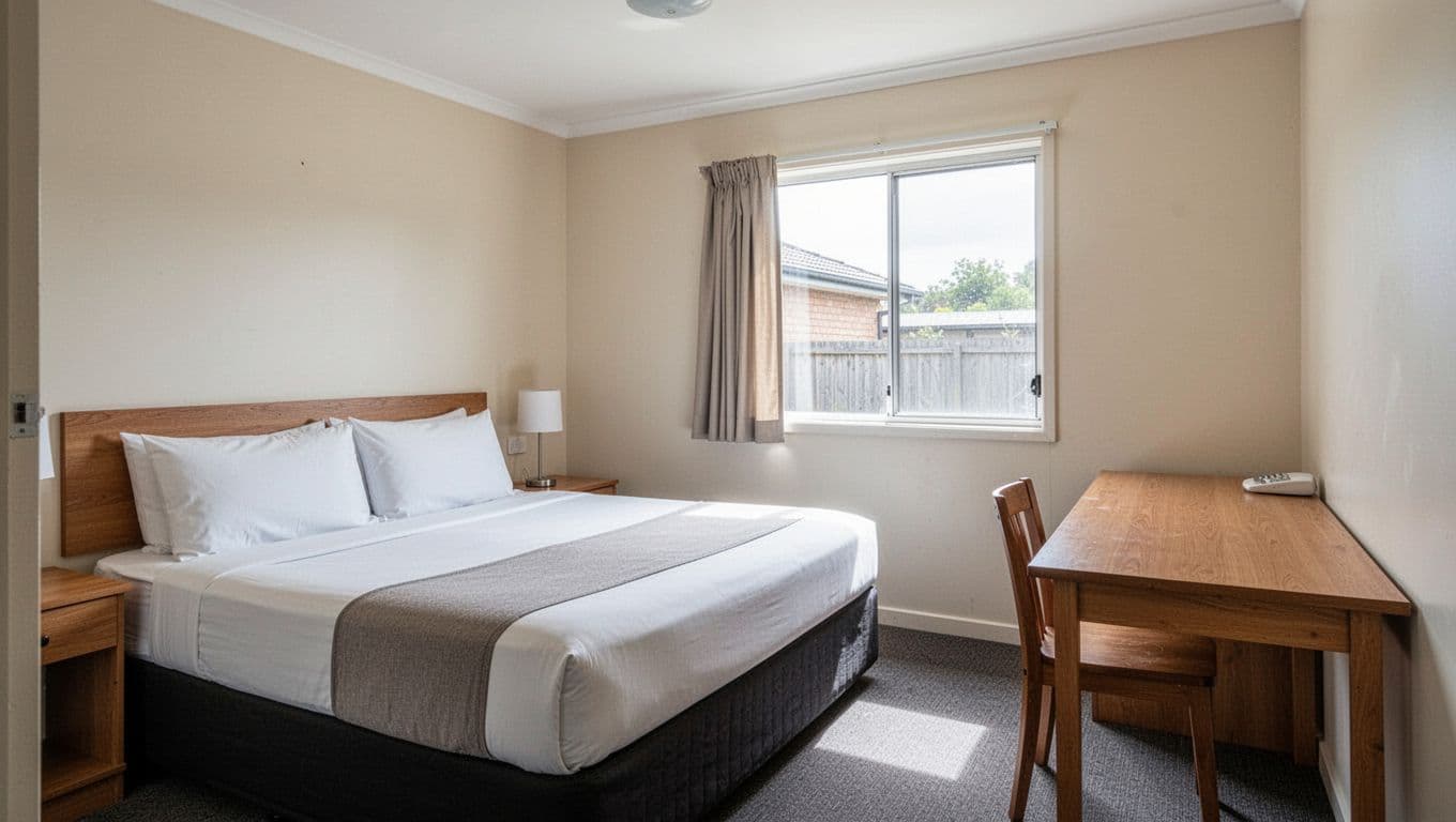 A neatly arranged motel room features a freshly made white bed positioned beside a functional wooden desk. Bright natural light streams through the window to illuminate the simple, clean interior space.
