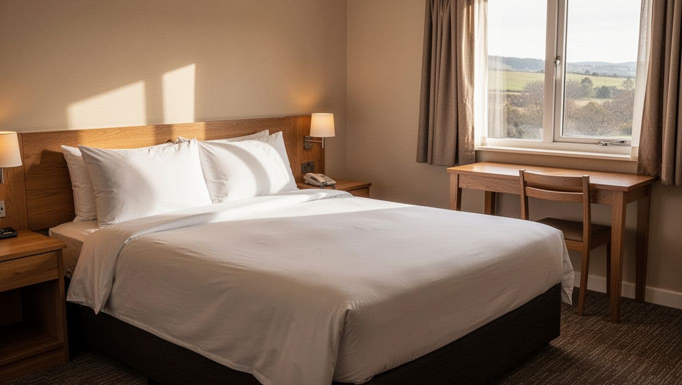 A tidy hotel room interior with a made bed, wooden desk, and a headline band.