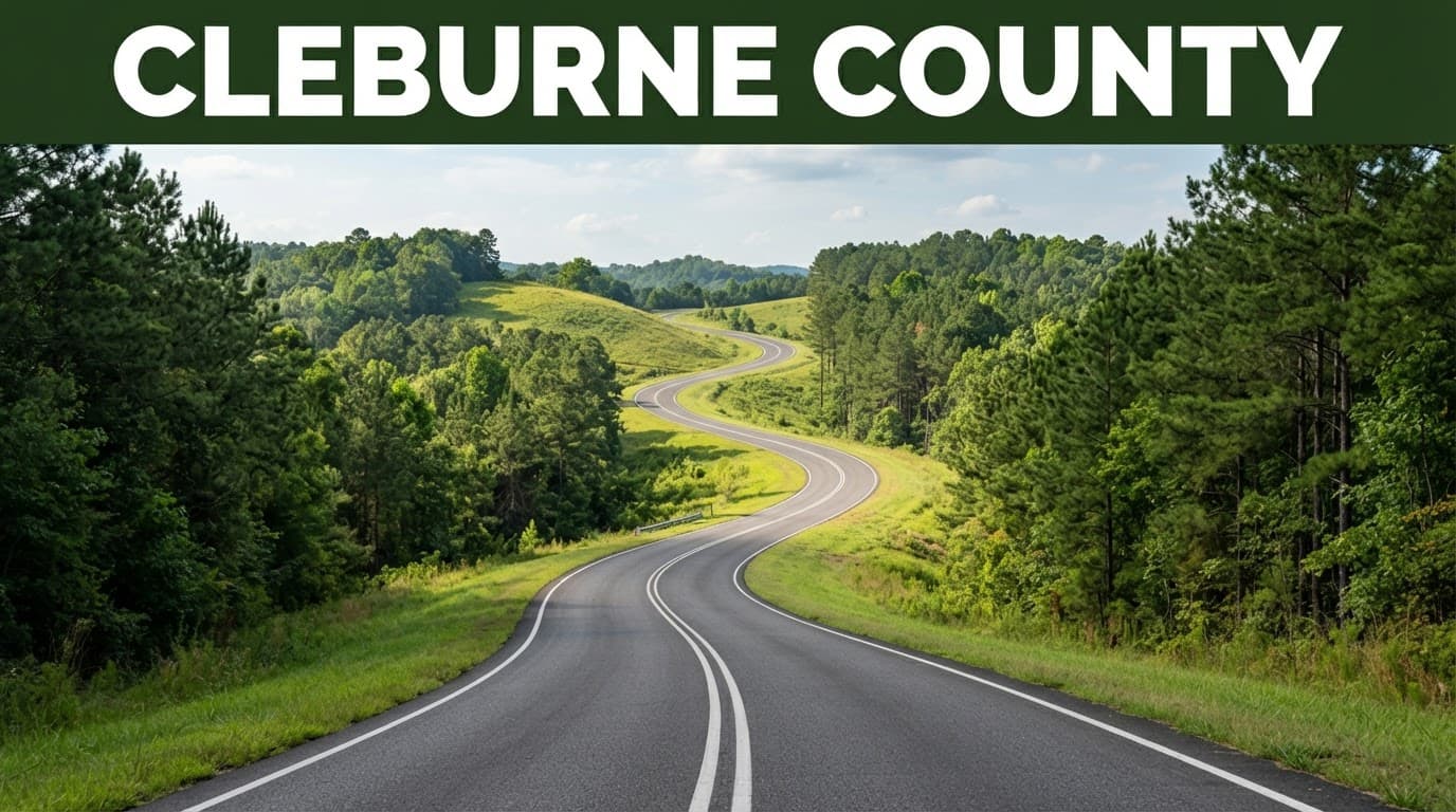 An empty two-lane highway winding through rolling green hills and pine trees in Alabama.