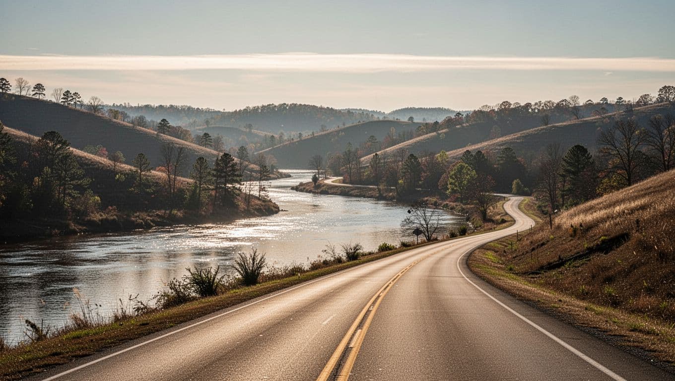 A quiet riverside road curves through rolling green hills in Alabama under warm sunlight.