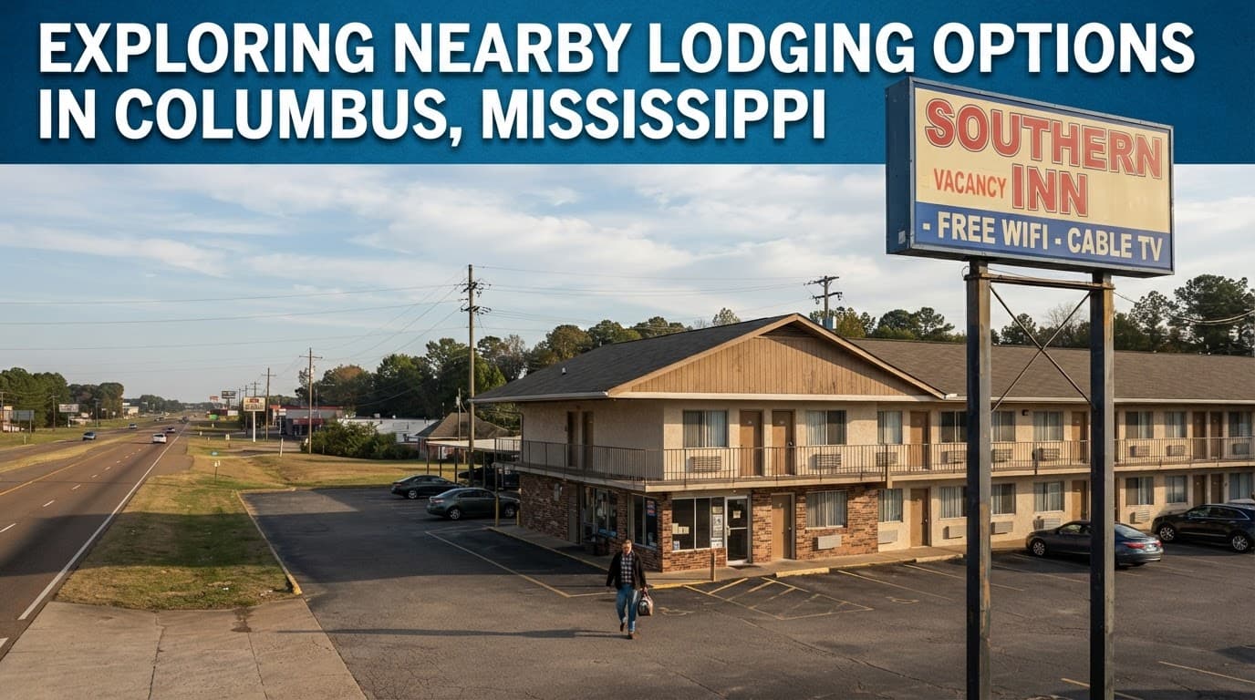 A lone traveler walking past a roadside motel and highway sign in Mississippi.