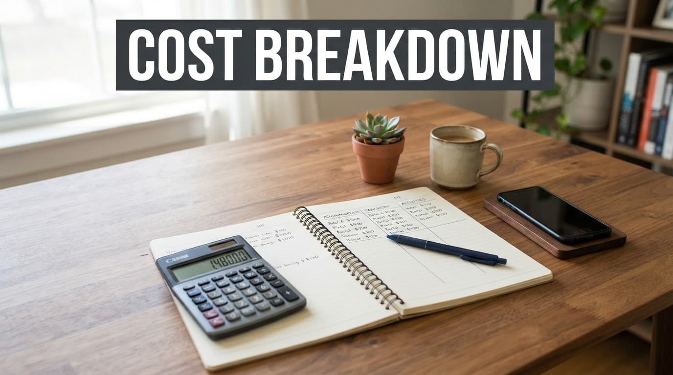 A notebook and calculator sit on a wooden table beneath a headline banner.