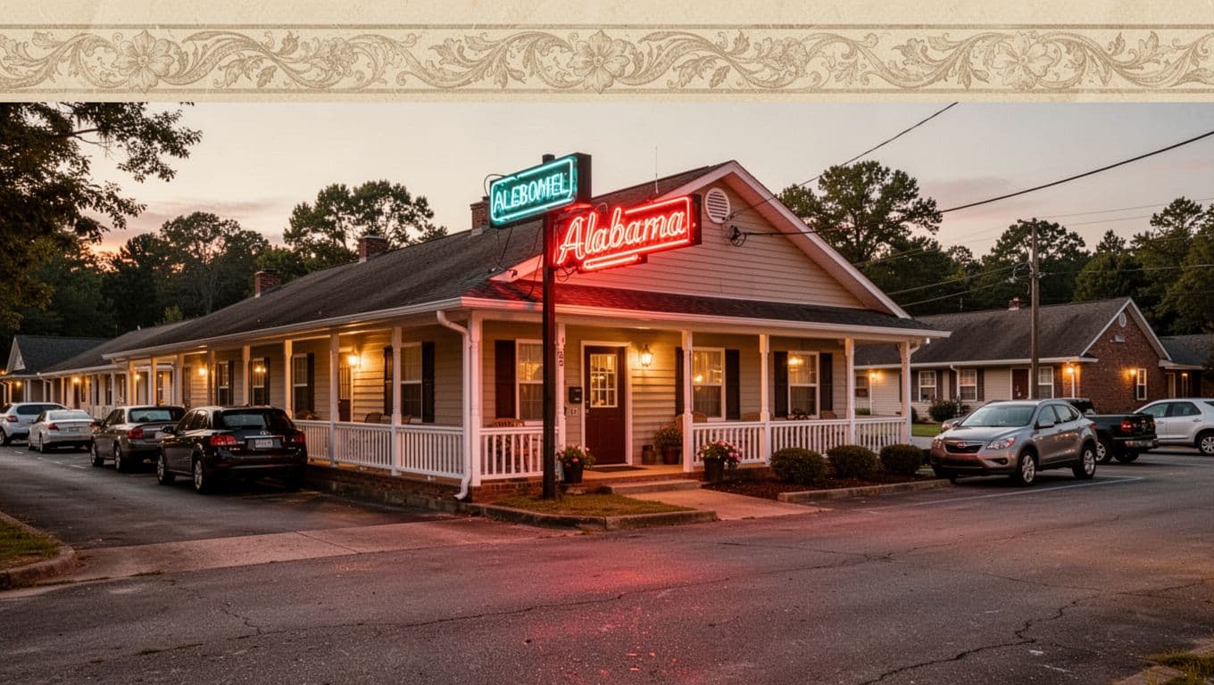 A warm-lit Alabama motel exterior with parked cars on a quiet street.