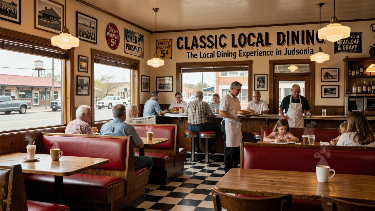 Polished wooden booths line the walls of a classic diner, illuminated by soft amber pendant lights. The checkered floor reflects the warm atmosphere of this timeless local eatery in Judsonia.