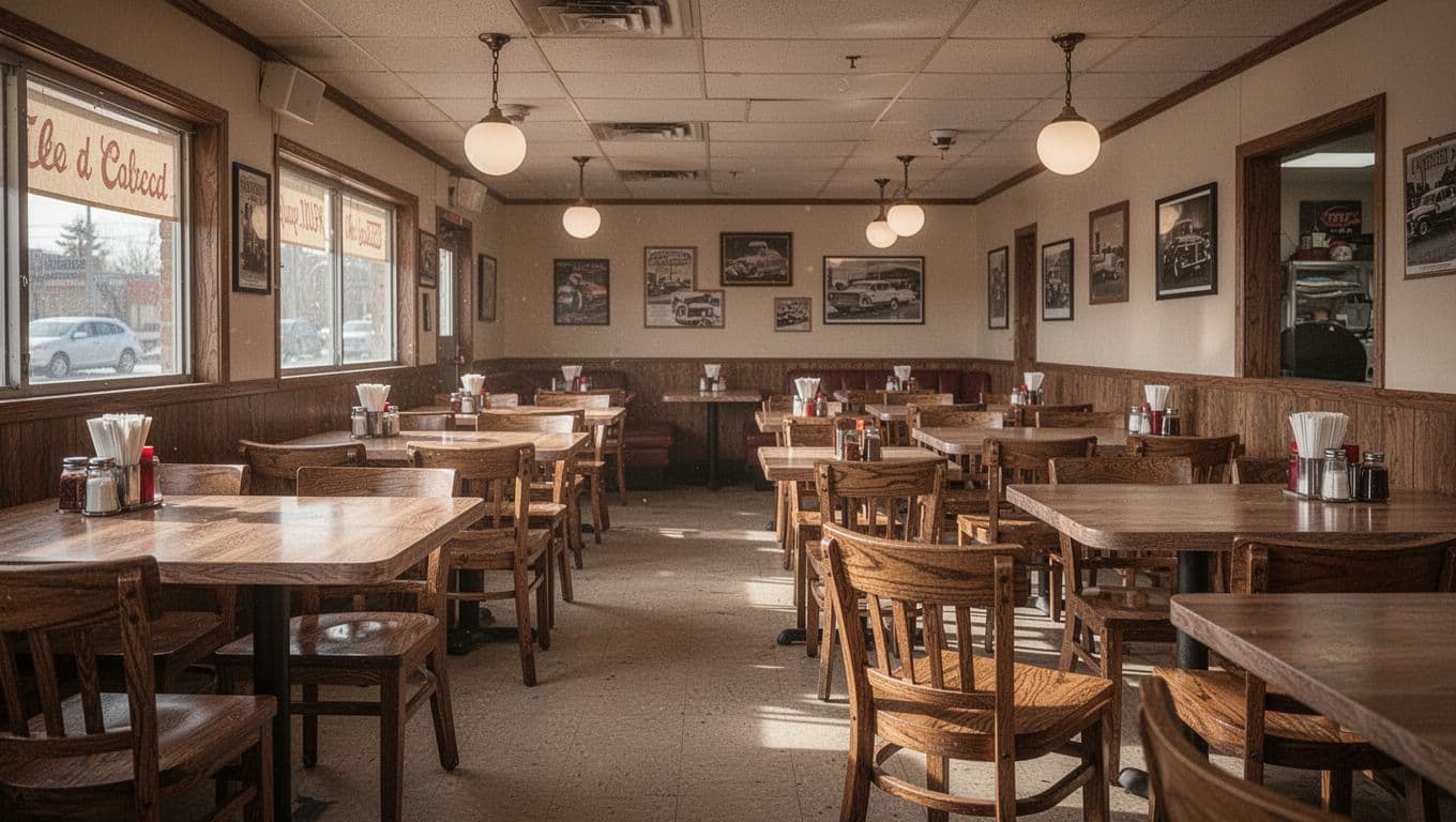 An empty roadside diner with wooden tables and chairs in a warm, inviting setting.