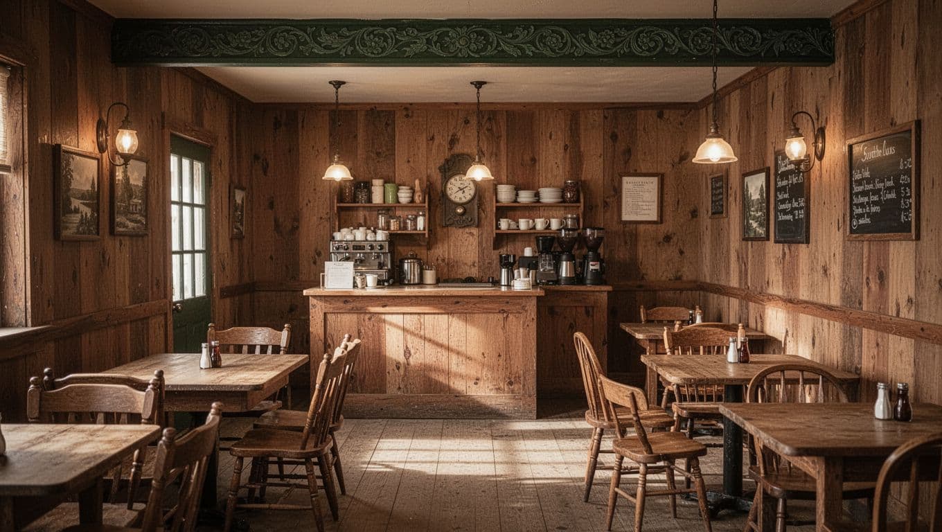 Vintage wood-paneled walls surround empty wooden tables in this quiet cafe space. A small service counter stands in the back under warm pendant lighting that casts a soft, inviting glow.