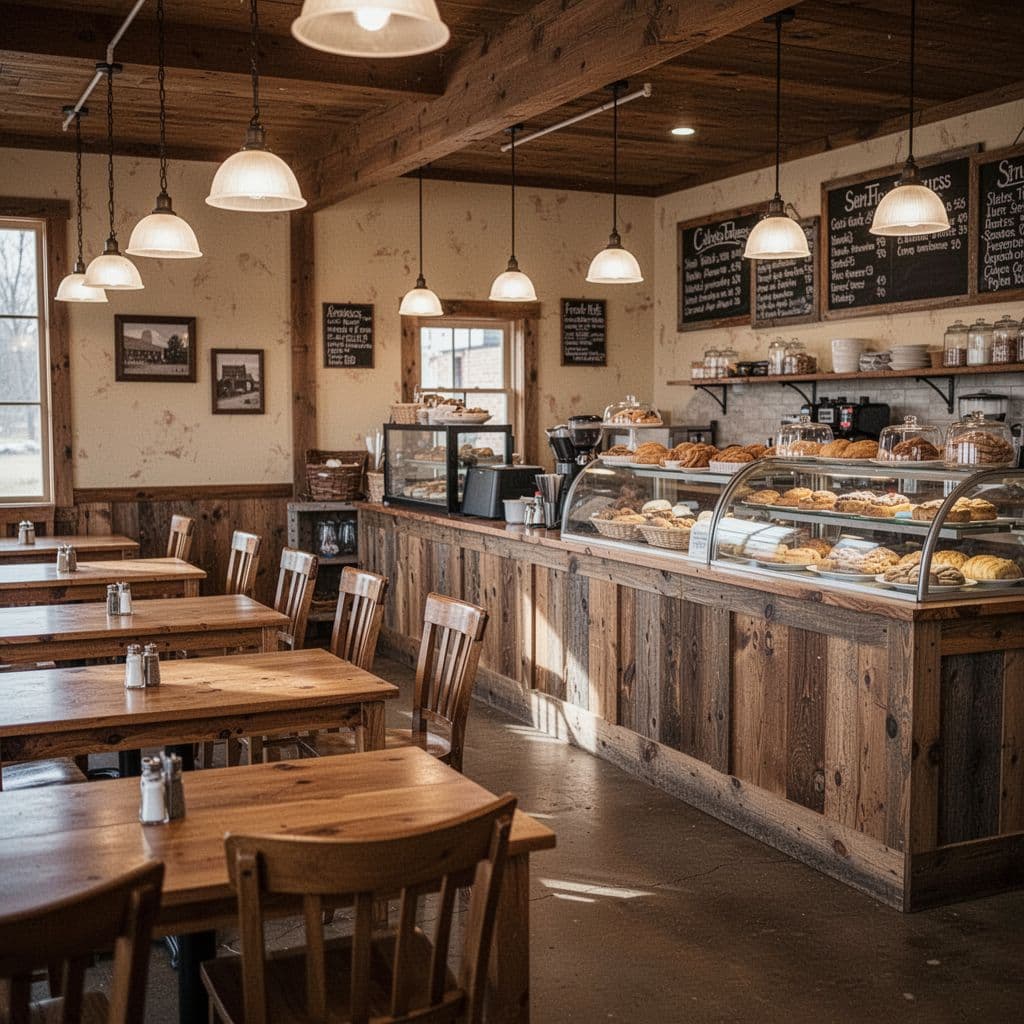 Warm wooden tables and soft pendant lights inside a cozy local cafe.