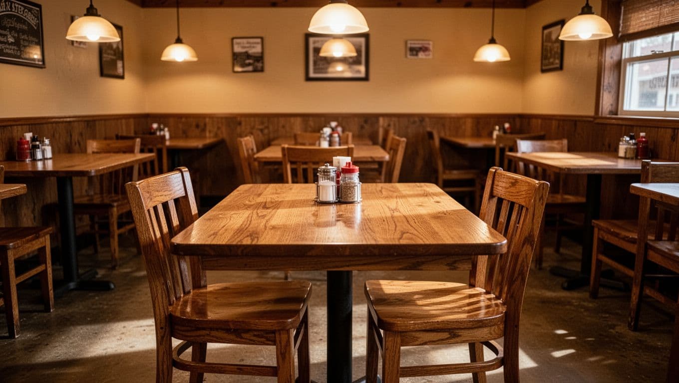 A cozy diner with wooden tables and warm interior lighting.