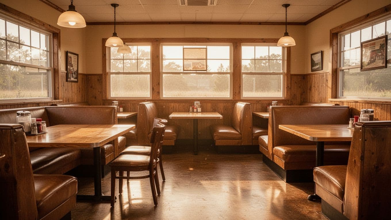A welcoming and empty rural diner featuring wooden tables and warm lighting.