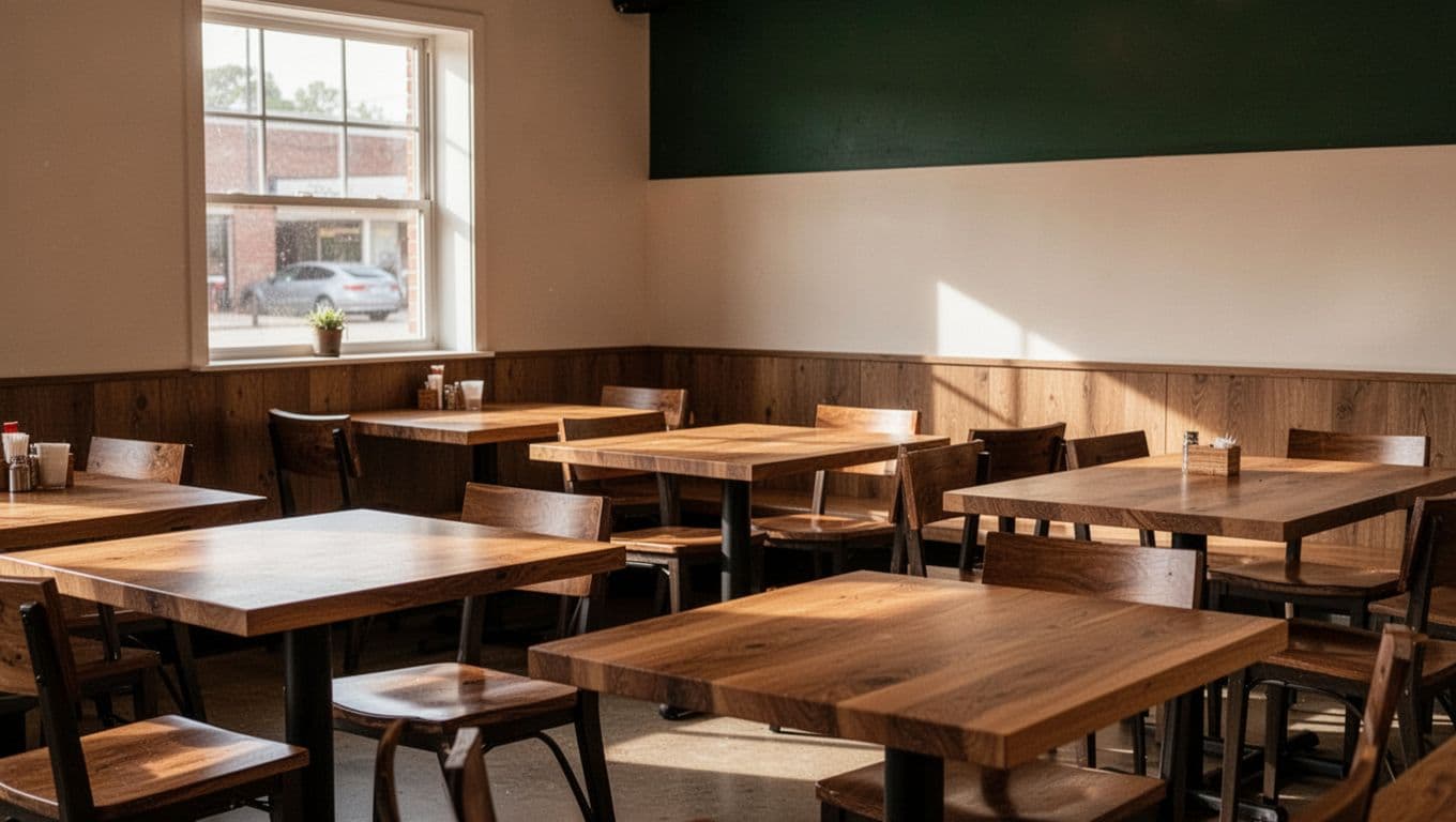 An empty dining room with wooden tables in a cozy local restaurant bathed in natural light.