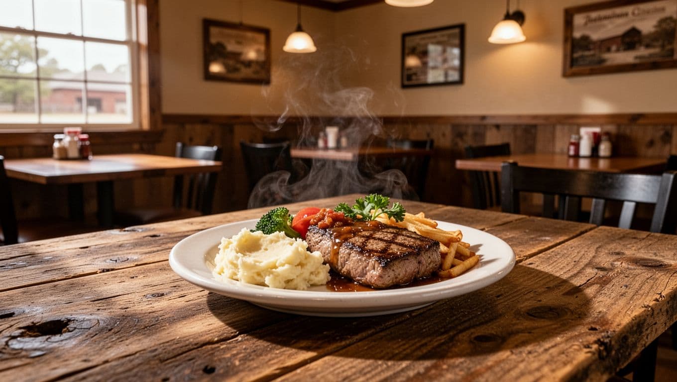 A single plate of classic American food sits on a weathered wooden table inside a cozy diner. Warm ambient lighting fills the room, highlighting the charming textures of the rural dining space.