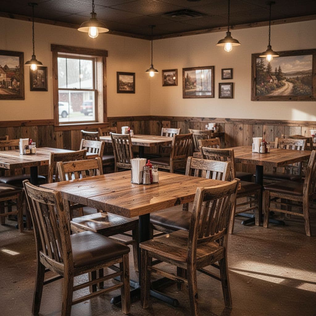 Warm wooden tables and chairs fill a quiet dining room featuring ambient soft lighting. A prominent dark green band at the top displays bold typography to welcome hungry local guests inside.