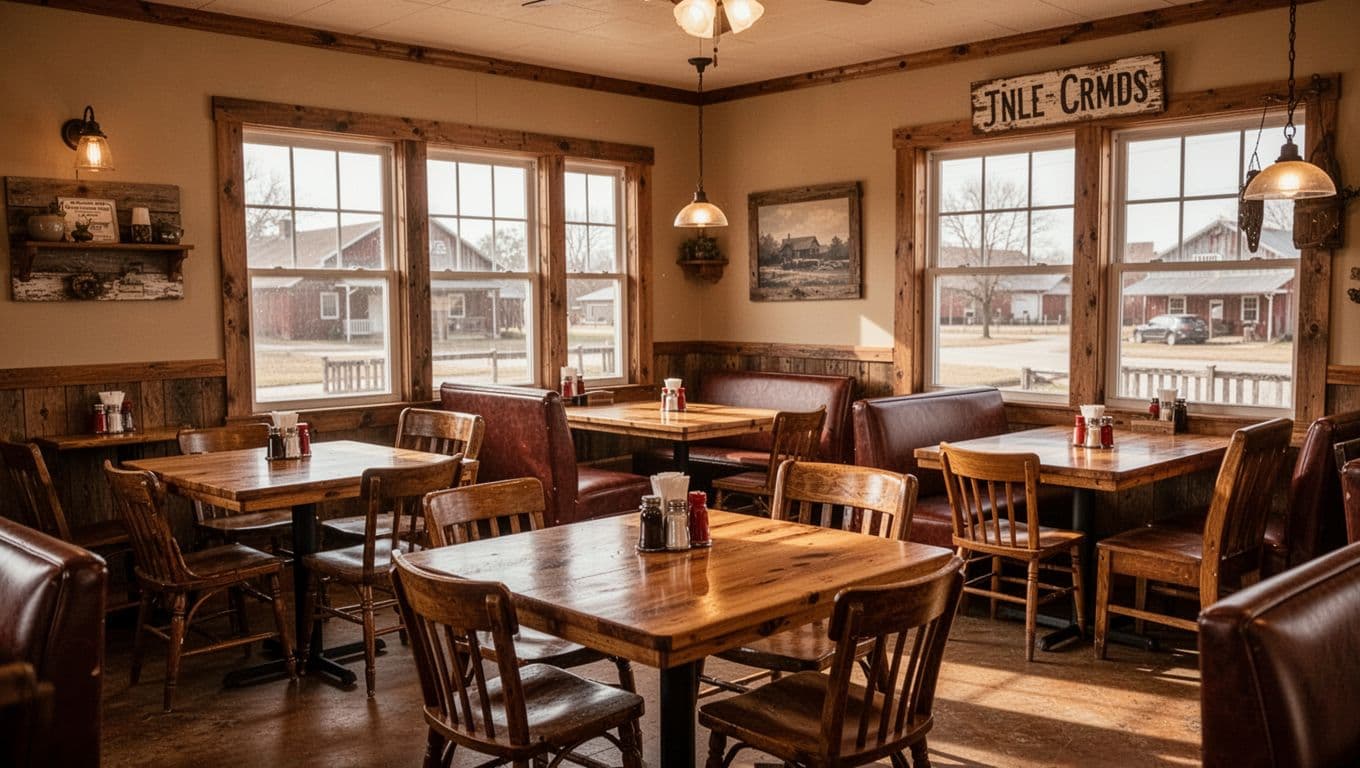 Polished wooden tables and sturdy chairs are arranged neatly throughout this small-town eatery. Soft sunlight streams through clean windows, illuminating the warm textures and charming, simple decor of the rural dining room.