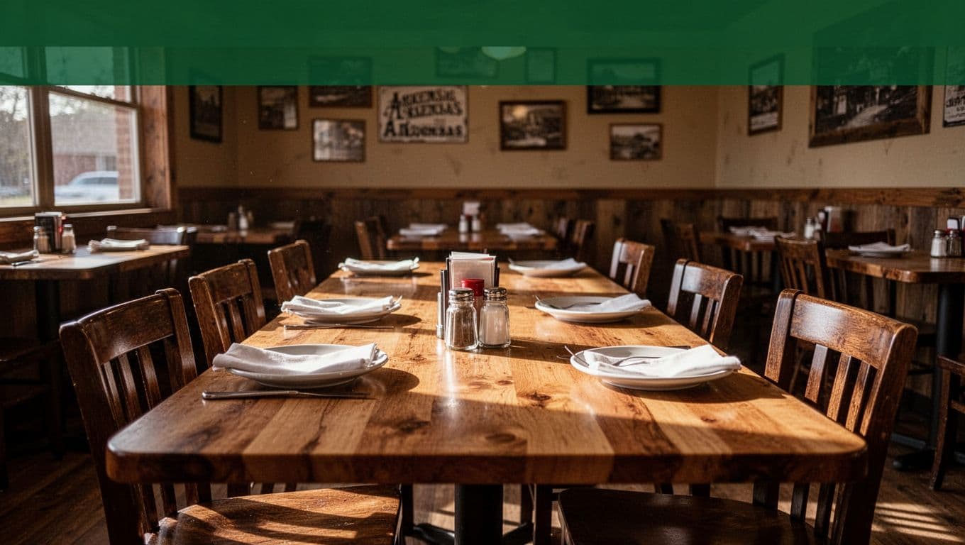 A set wooden table inside a cozy restaurant with soft lighting and a green banner above.
