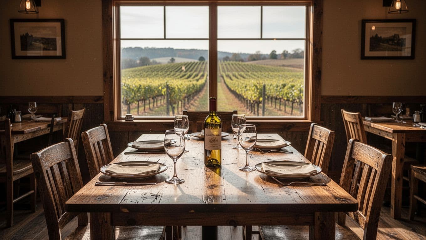 A rustic restaurant table with a vineyard view through a large window.