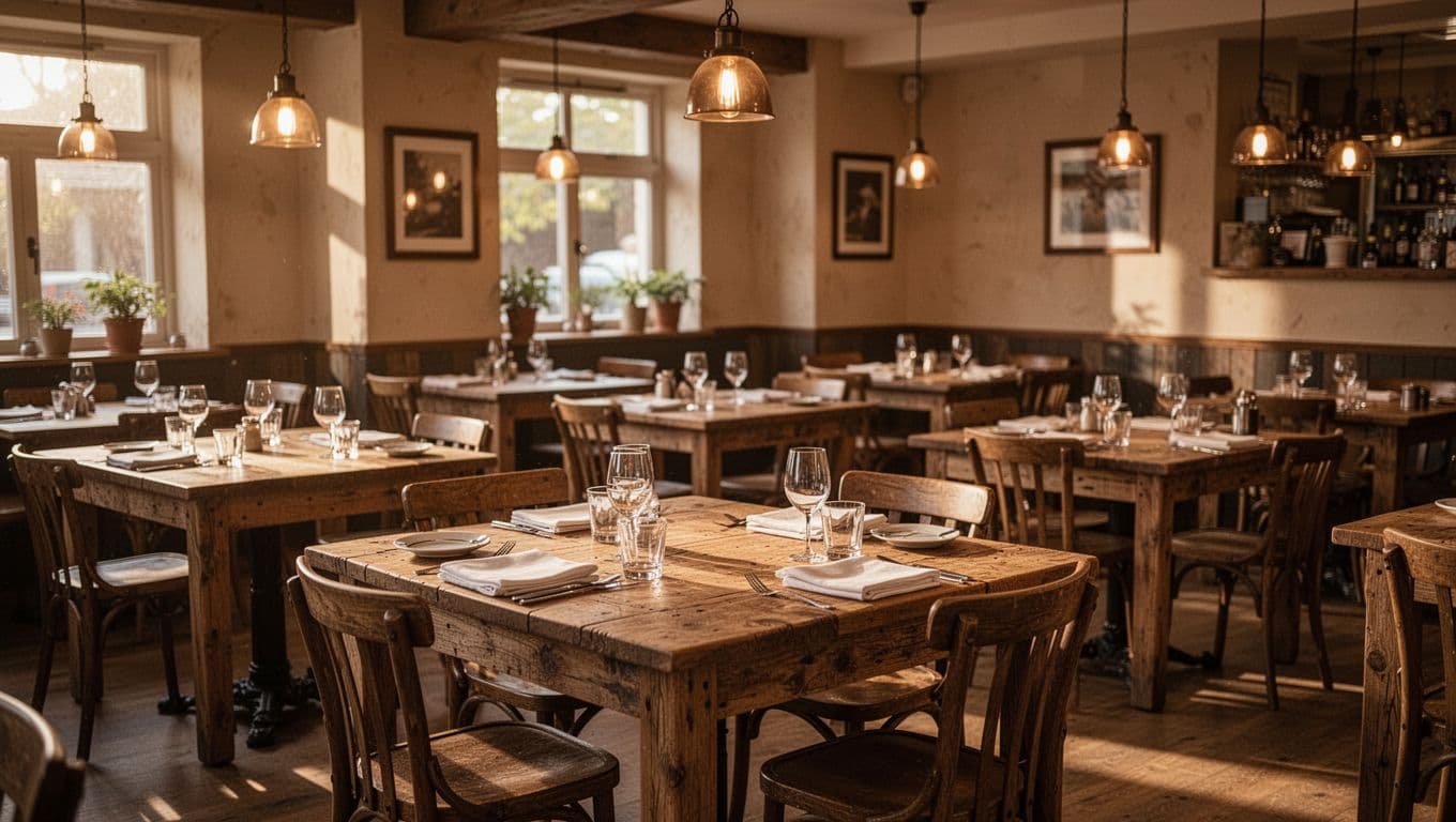 Warm dining room featuring rustic wooden tables and soft ambient lighting.