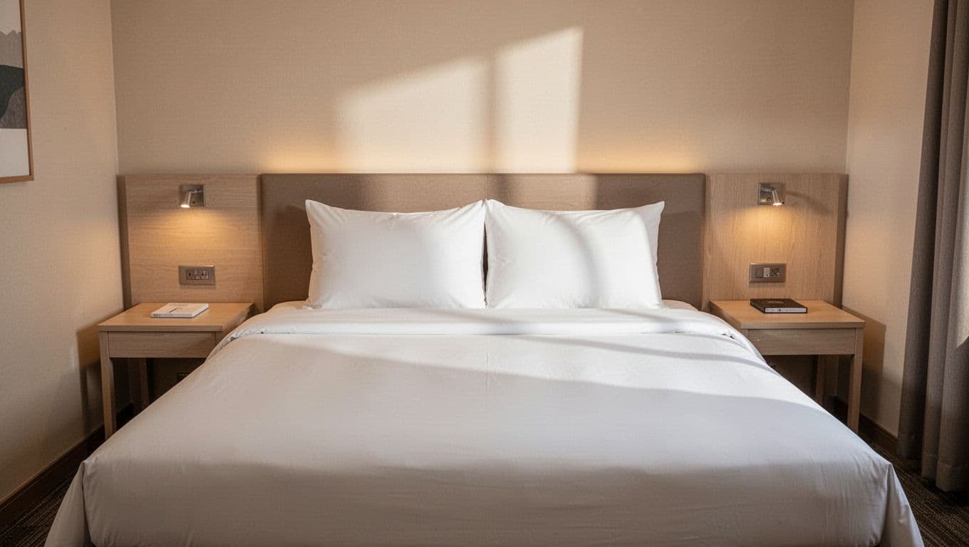 A clean and minimalist hotel room with a neatly made bed and soft warm lighting.