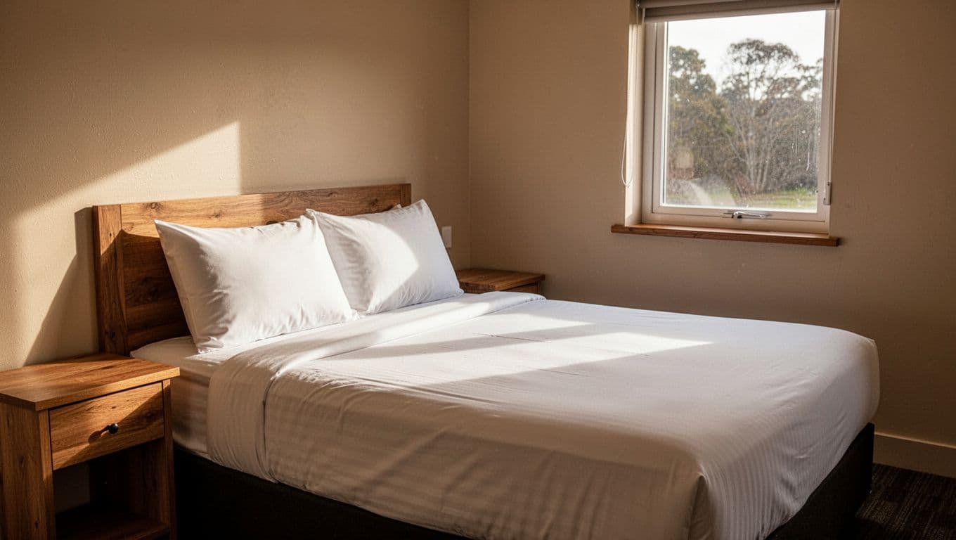 Clean budget hotel room with a made bed, nightstand, warm light, and window.