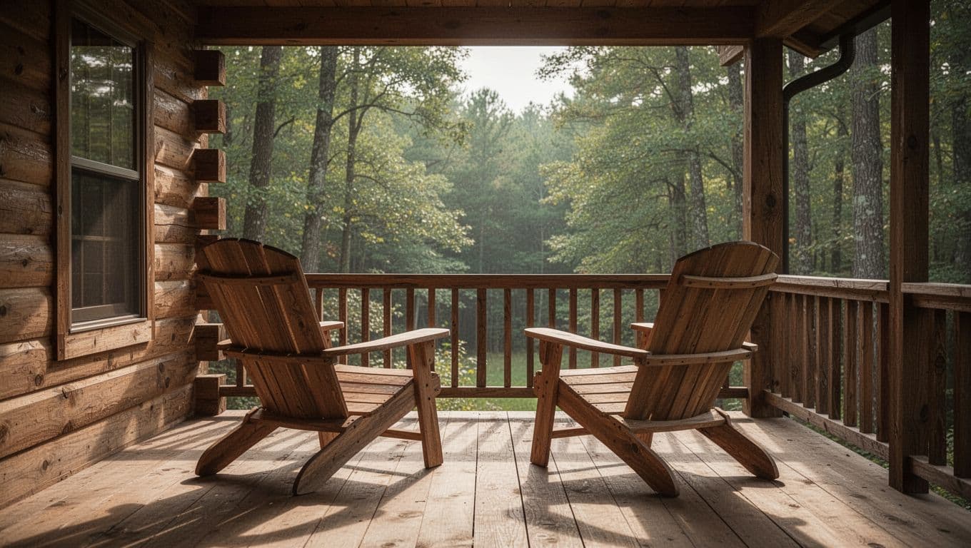 Two cushioned wooden chairs sit on a rustic deck overlooking a dense, tranquil forest. Soft sunlight filters through the dense canopy, casting gentle shadows across the serene, wooded landscape view.