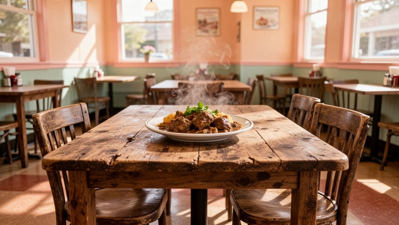 A rustic wooden table is set with a hearty meal inside a bright, welcoming diner. A dark green header band with bold text hangs above the warm, inviting eating area.