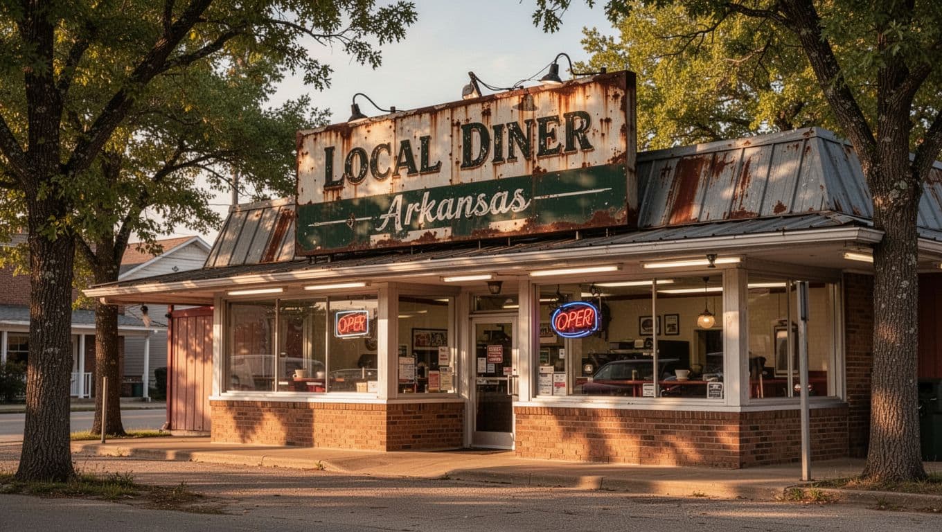 A vintage diner exterior framed by green trees in a small town.