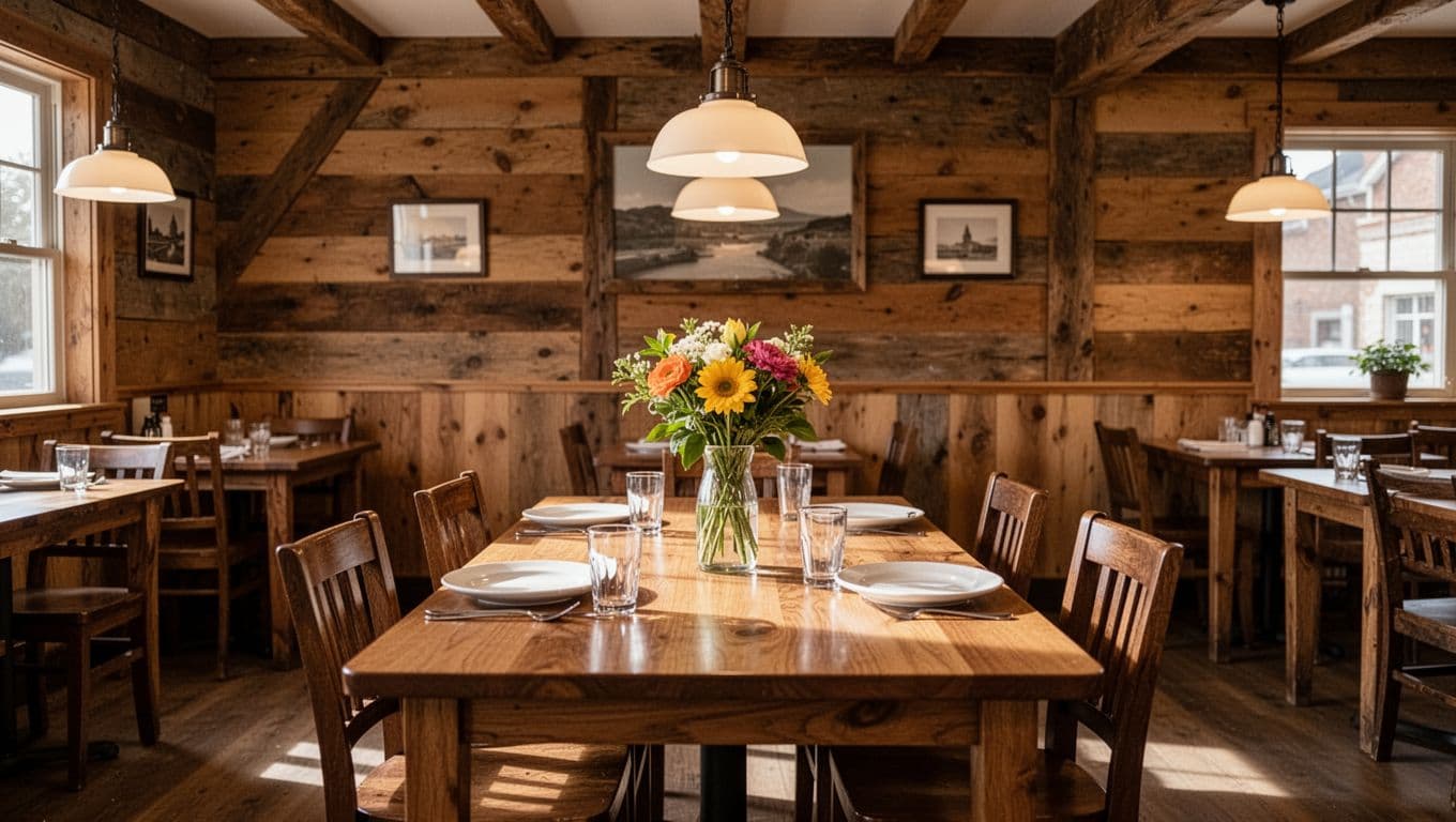 A single wooden dining table sits prominently in the center of a rustic small-town restaurant. Warm overhead lights create a cozy atmosphere, while a dark green banner highlights the top section.