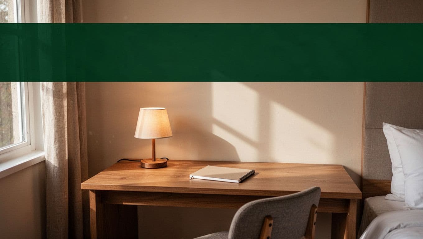 A minimalist desk with a lamp and notebook beneath a dark green headline banner.