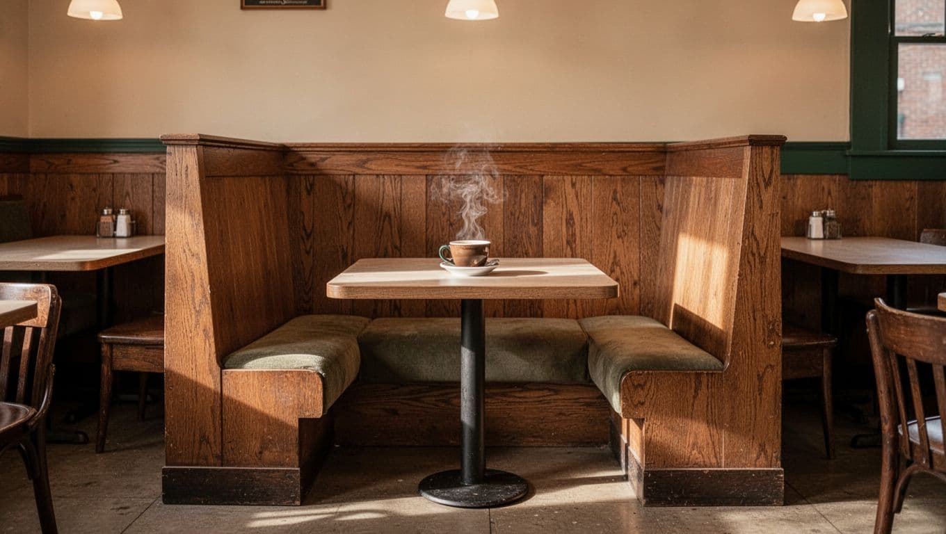 A classic restaurant booth sits under warm hanging lights in a quiet dining room. The space features polished wooden furniture and a muted green color palette that emphasizes local comfort.