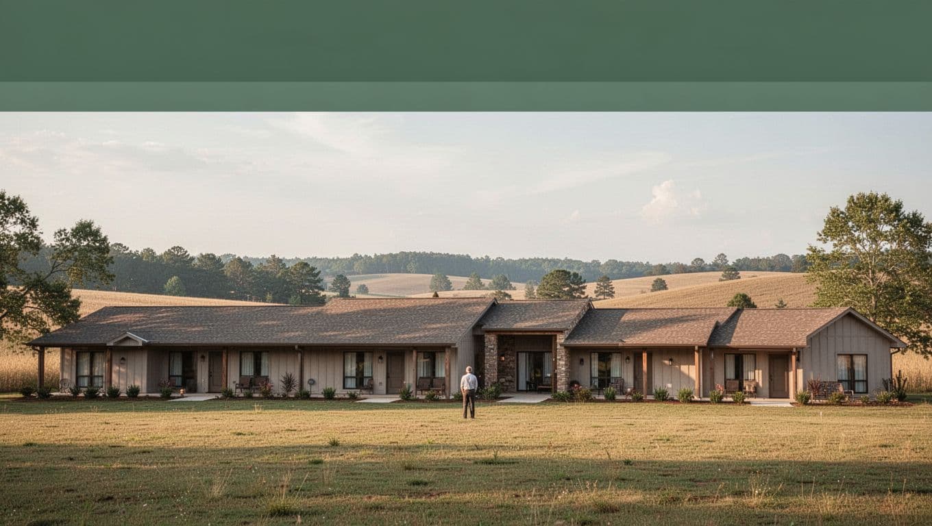 A quiet Alabama hotel exterior in daylight with one guest walking in the distance.