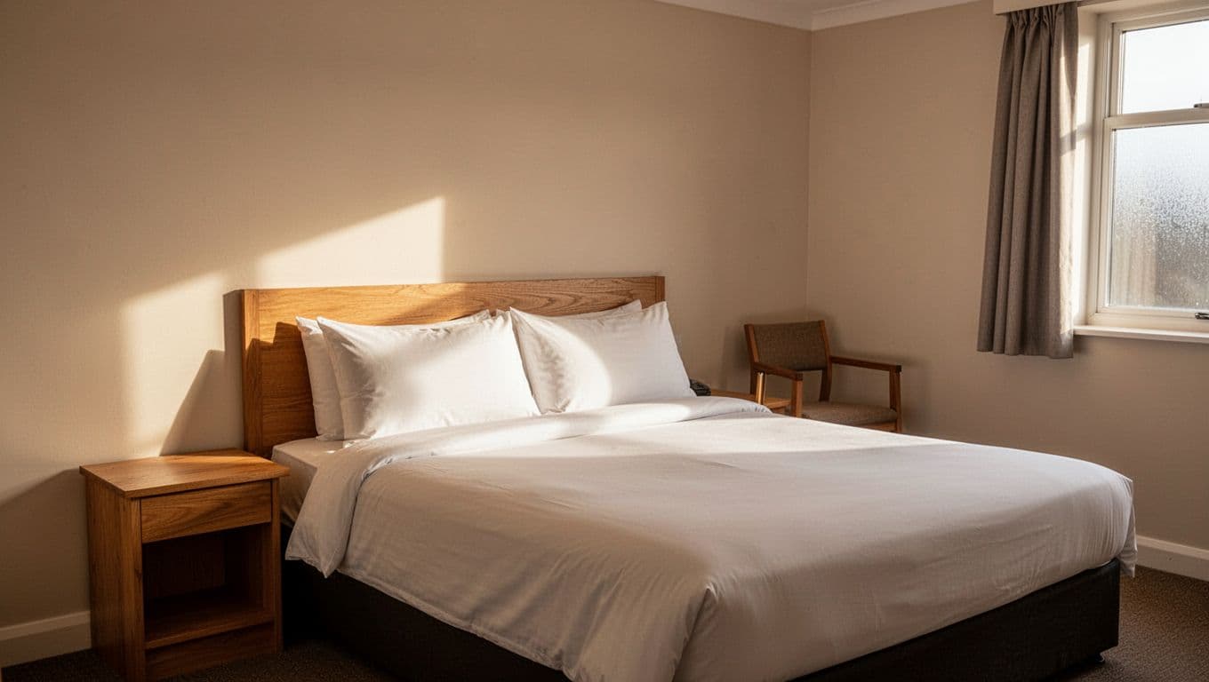 A made bed and simple wooden furniture inside a sunlit hotel room.
