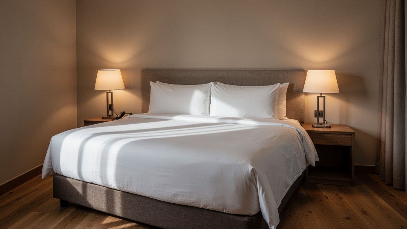 A made bed and glowing bedside lamp in a warm, clean hotel room.