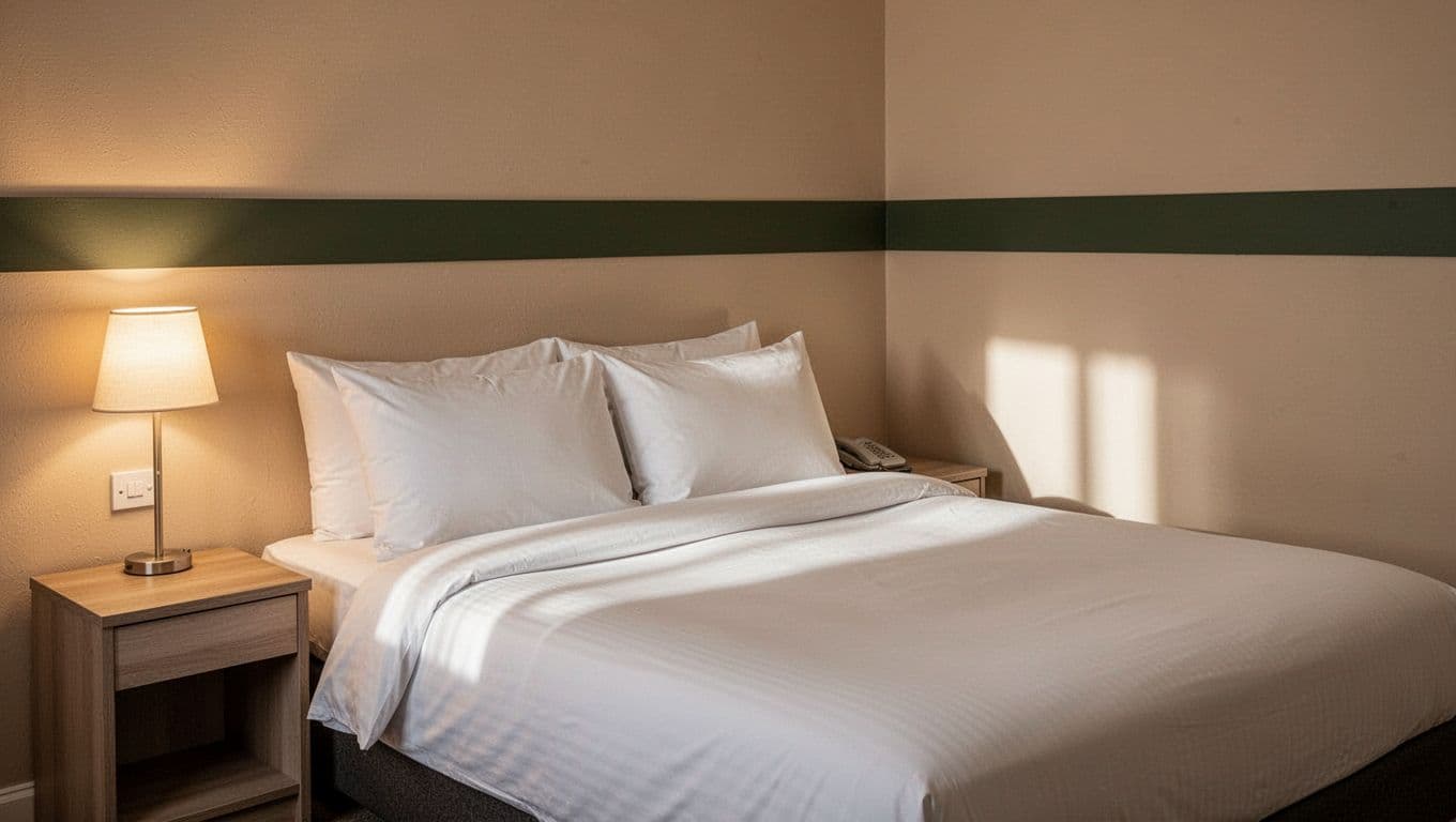 A clean hotel room with a neatly made bed and soft lighting against a dark green wall.