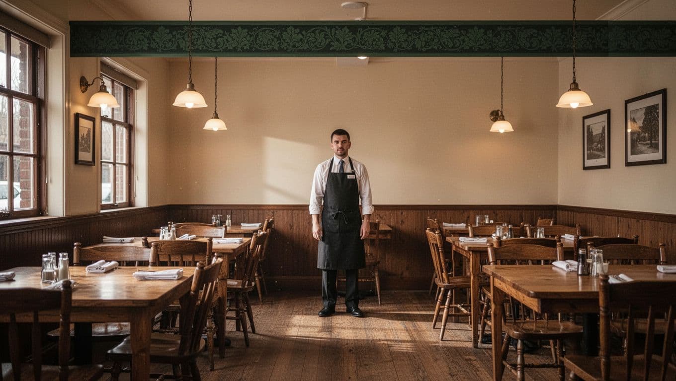 Cozy restaurant with wooden tables, warm lights, and one distant server.