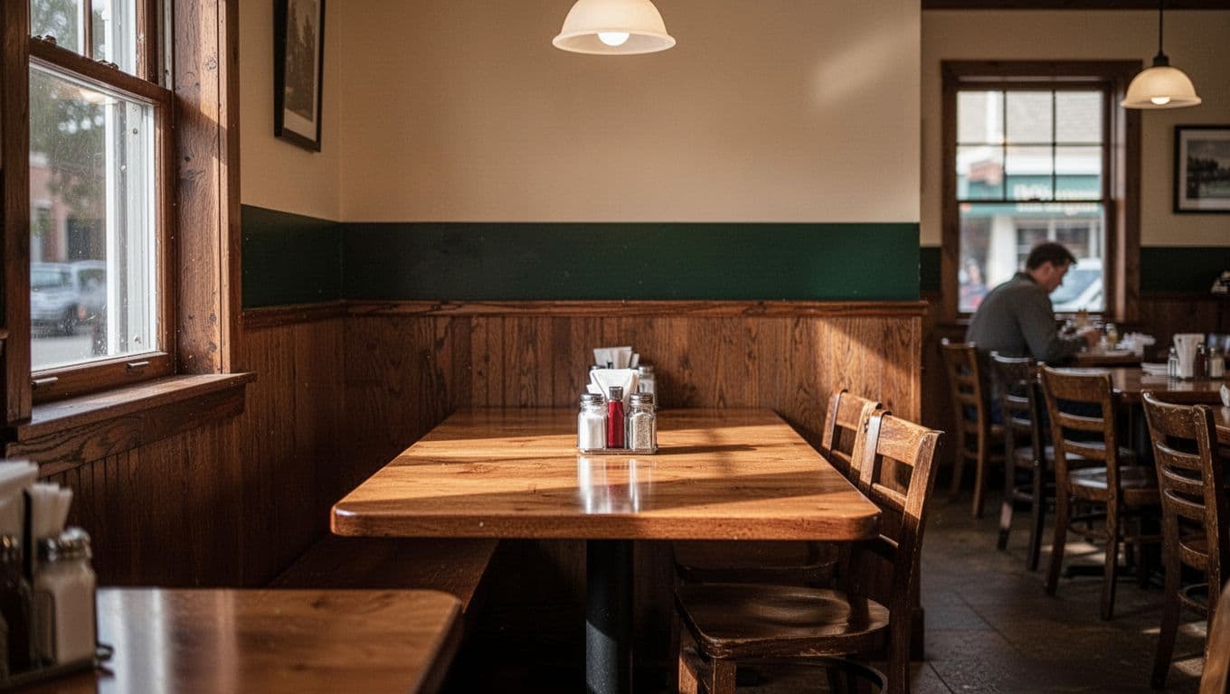A solitary wooden table sits in a warm, clean restaurant interior bathed in soft natural light. A distant patron dines alone while a bold dark green stripe highlights the wall.