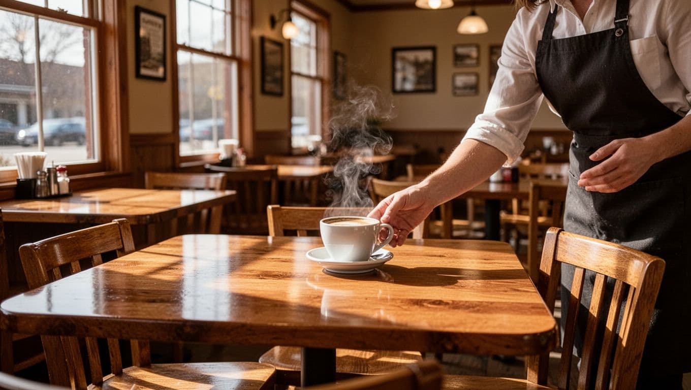 A warm neighborhood restaurant featuring wooden tables and a sign that says Local Flavor.
