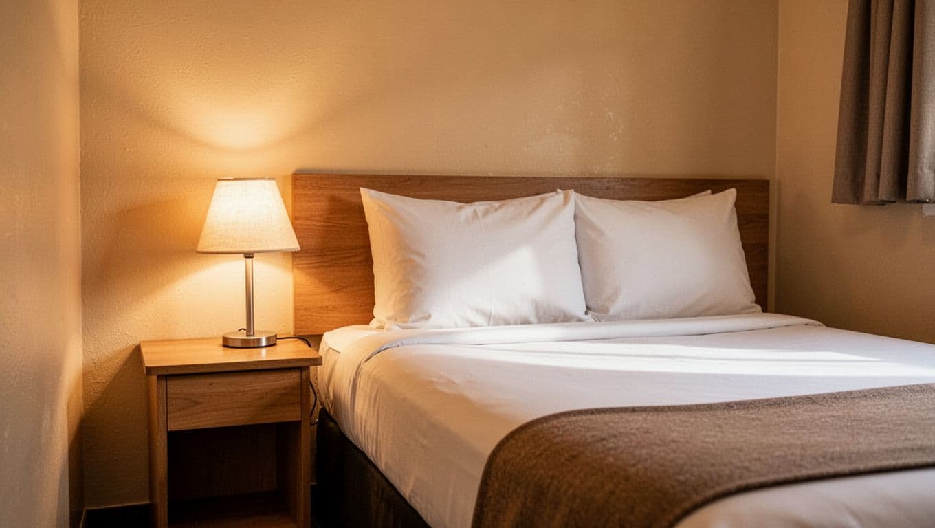 A made bed and bedside lamp inside a clean, warmly lit motel room.