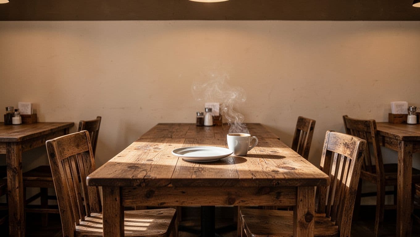 Clean wooden tables and chairs fill a sunlit, minimalist dining room featuring warm ambient lighting. A bold dark banner across the top displays the Rector Dining Guide headline for local visitors.