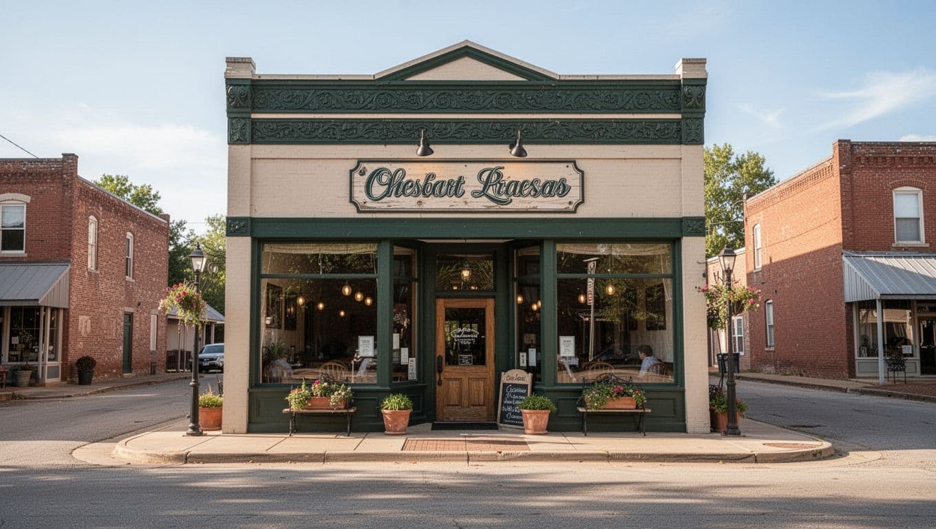 The entrance of The Sands restaurant on a sunny street in a quiet Arkansas town.