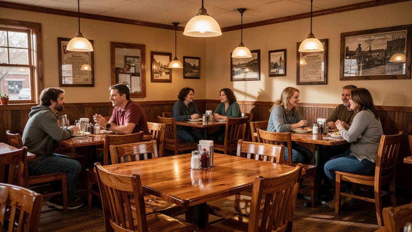 Wooden tables and warm lighting inside a cozy local restaurant.