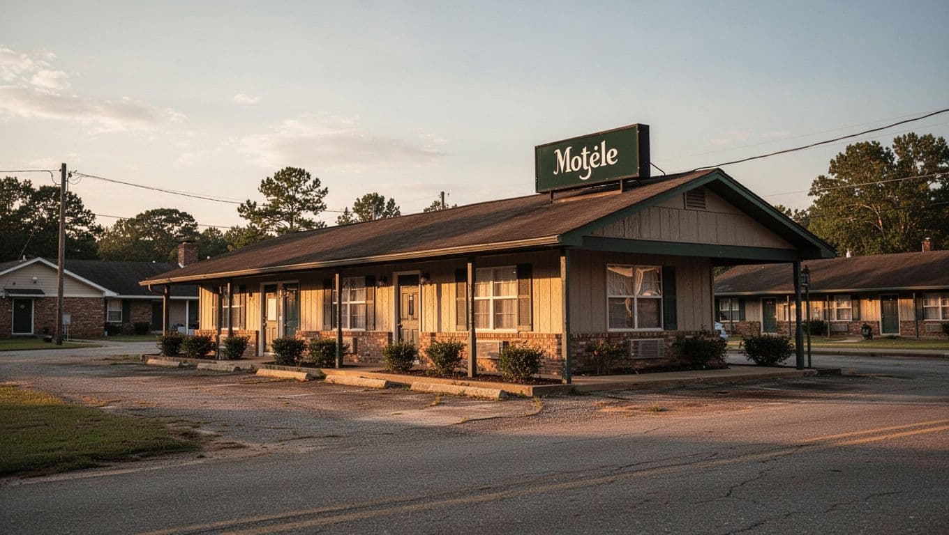 A minimal roadside motel exterior in Alabama during golden hour.