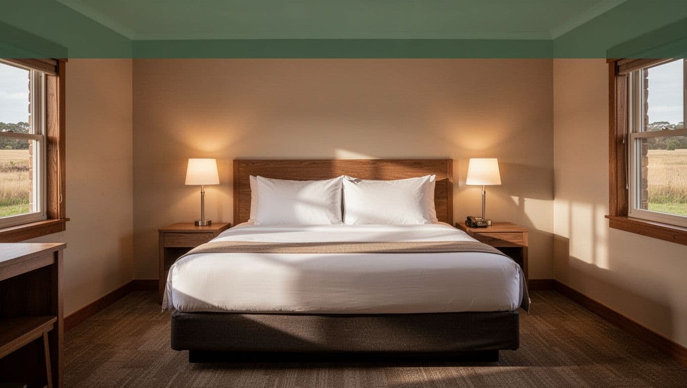 A neatly made bed in a simple motel room with warm lighting.