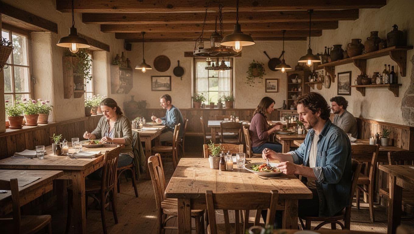 The interior of a rustic restaurant with warm lighting and wooden tables.